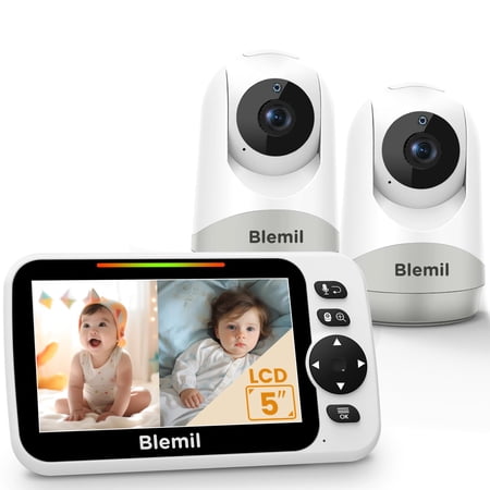Blemil Upgrade Baby Monitor with 30-Hour Battery, 5" Large Split-Screen Video Baby Monitor with 2 Cameras and Audio, Remote Pan/Tilt/Zoom, Two-Way Talk, Room Temperature, Auto Night Vision C25