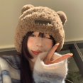thumbnail image 4 of D GROEE Elastic Hat Women Winter Hat Cartoon Bear Shape Thick Plush Ear Knitted Lady Outdoor One piece Hood Hat, 4 of 7