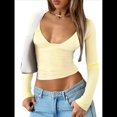 thumbnail image 2 of Tops de Escote en V Profundo para Mujer, Camisetas de Larga A , Camisetas de Punto Ajustadas, Camisetas de Moda de Otoño para Salir, Ropa Amarillo L, 2 of 7