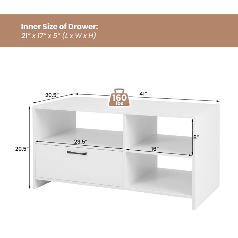 Finihen TV Stand, TV Cabinet, Modern Media Console Table with 3 Open Compartments and 1 Storage Drawer, for Living Room, Bedroom, White