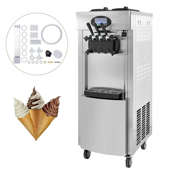 SIHAO 2200W Commercial Soft Ice Cream Machine 3 Flavors 5.3 to 7.4 Gallon per Hour PreCooling at Night Auto Clean LCD Panel for Restaurants Snack Bar, Sliver