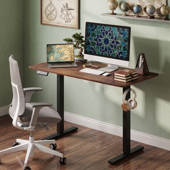 48" Ergonomic Electric Standing Desk with 3 Memory Settings & Hanging Hooks, Adjustable Height Stand up Desk with T-Shaped Metal Bracket, Rustic Brown