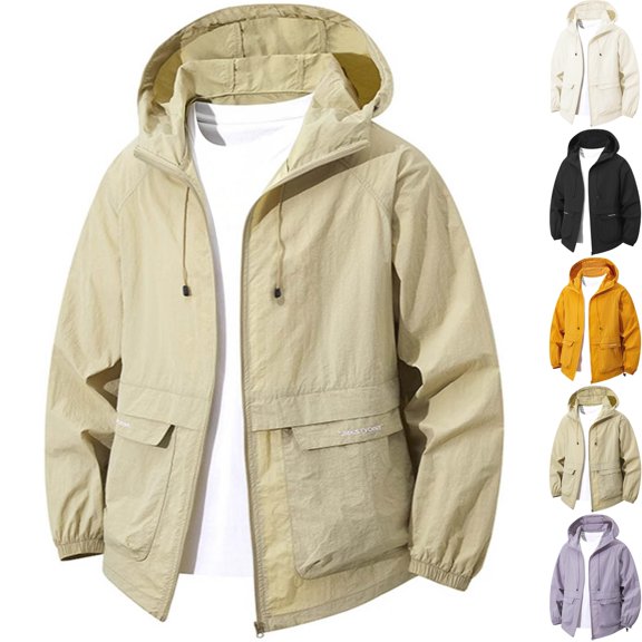 Men's Lightweight Windbreaker Sun Protection Hooded Zip Up Jacket Active Outdoor Shell with Utility Flap Pockets for Hiking Travel, Khaki, XL