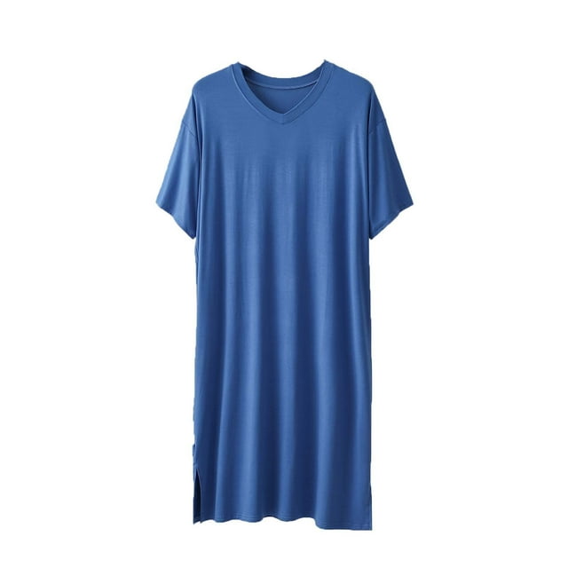 Floleo Mens V Neck Solid Color Short Sleeve Nightgown Robe Soft Comfortable Home Wear Loose Suitable Breathable Lightweight Bathrobe Casual Sleepwear Daily Outfits(Blue,XL)