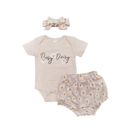 

Bebiullo Summer Baby Girl Clothes Newborn Short Sleeve Letter Floral Romper Tops Shorts Headband 3Pcs Outfits Child Girl Set Clothing Apricot 18-24 Months