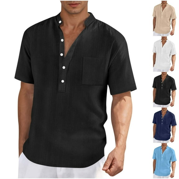 Bixock Casual Tops for Men, Cotton Short Sleeve Shirts for Men,Shirts for Men Summer Short Sleeve Stand Collar Bamboo Linen Breathable Pocket Button Casual Daily Tops