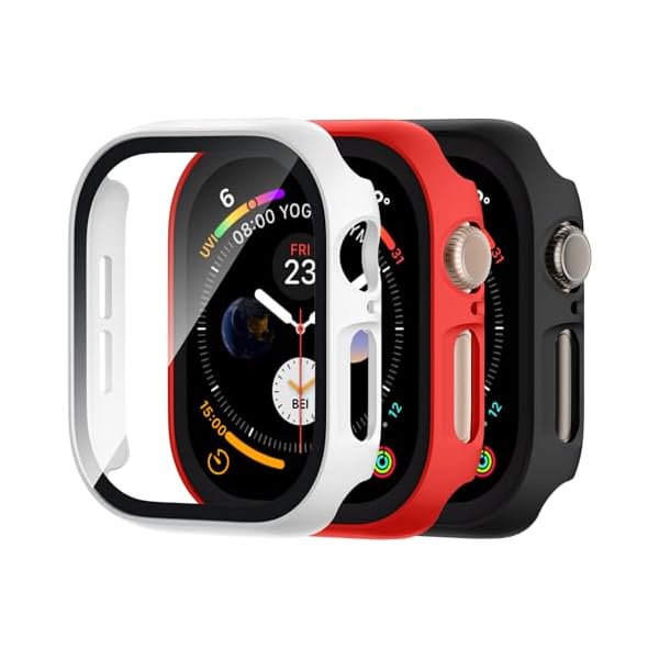 wonima44 3 Pack Tempered Glass Case for Apple Watch Series 11 10 Screen Protector 46mm, Hard PC Face Cover Overall Protection Anti-Scratch Bumper Cases for iWatch 46mm Accessories, Black/Red/White