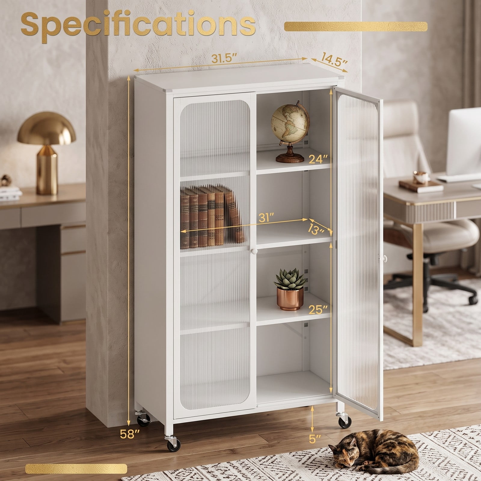 Furnibear 58 Inch Metal Bookcase with Adjustable Shelves, 4-Tier Rolling Storage Cabinet with Lockable Wheels, Transparent Doors and Anti-Tipping Kit for Home, White
