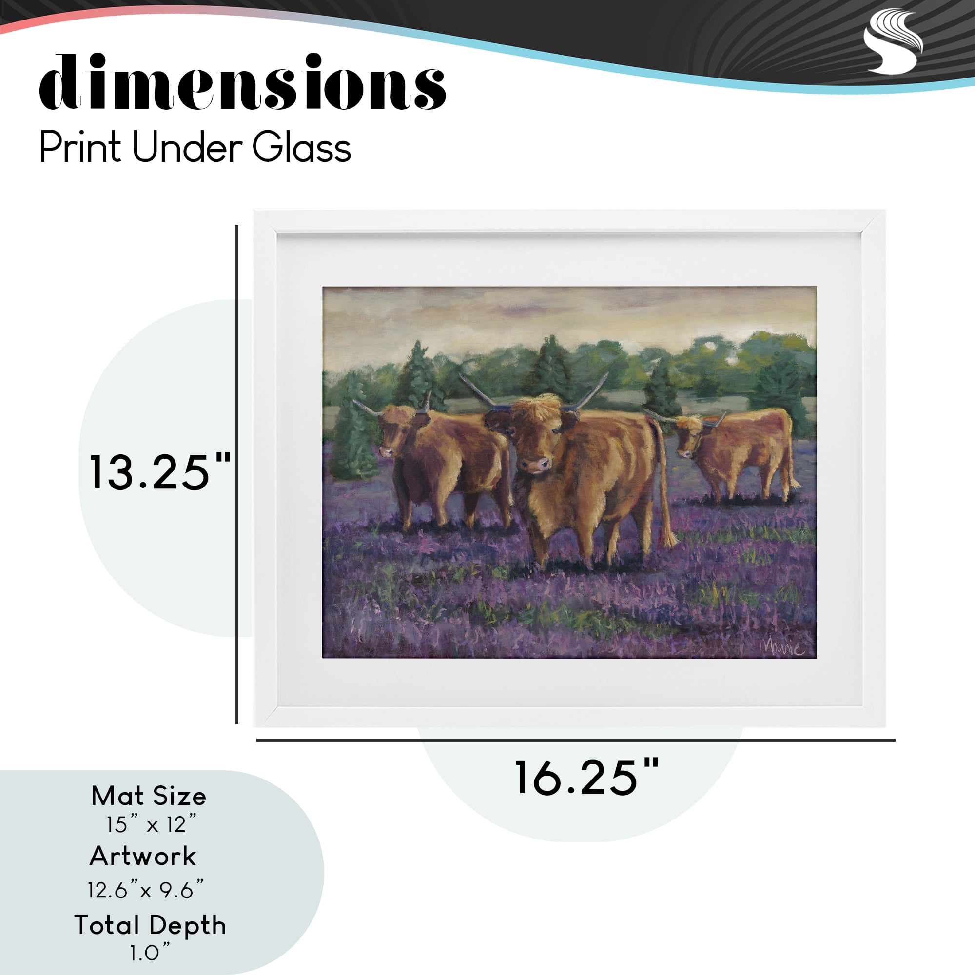 Purple Fields & Cows White Framed Print Under Glass, design by Marnie Bourque