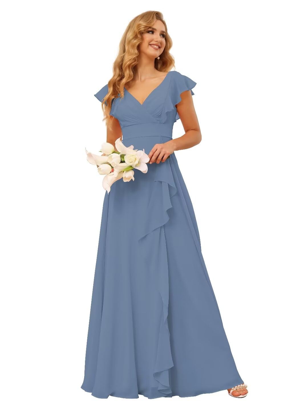 Vestidos de dama de honor de chiffon con tirantes finos y escote en V Azul Royal Tallas Grandes