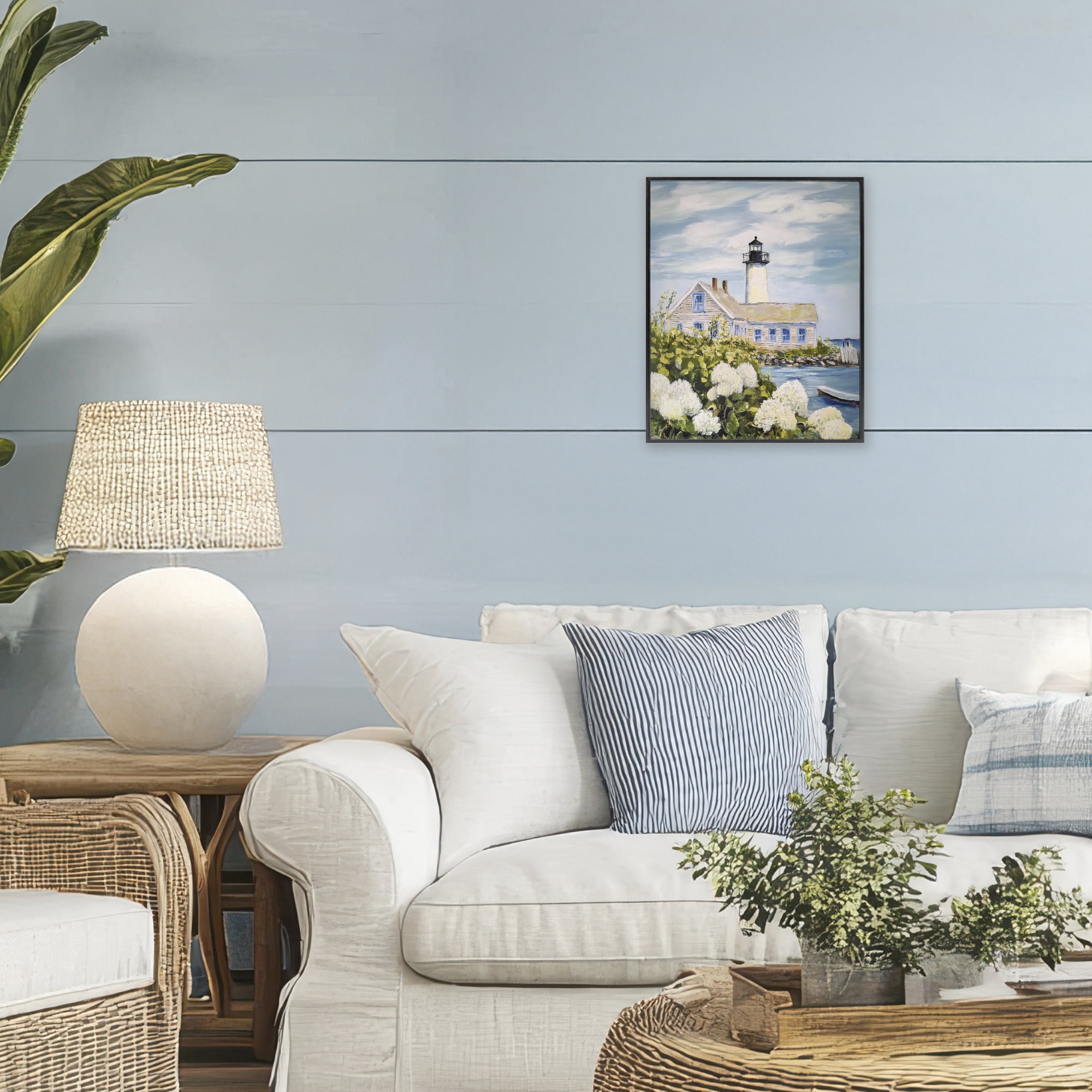 Stupell Industries Lighthouse Scenery with Hydrangeas Black Framed Giclee Art, design by Sisi and Seb