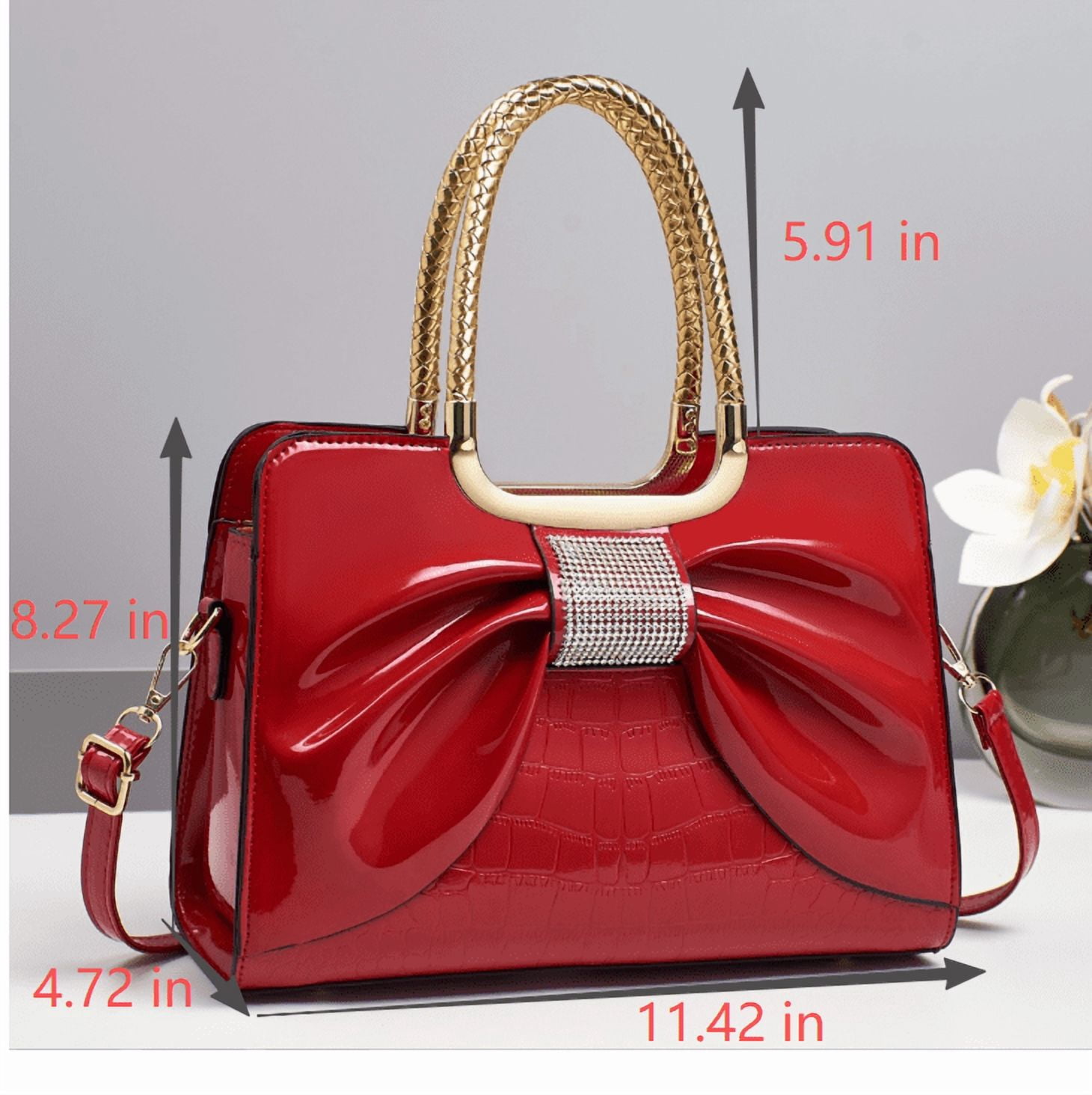 PORT&LOTUSWomen's Glossy Pink Patent Leather Tote Bag with Bow & Rhinestone Detail, Gold-Tone Braided Handles, Convertible Crossbody Strap