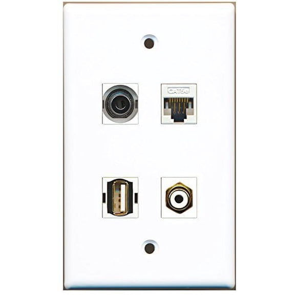 RiteAV - 1 Port RCA White 1 Port USB A-A 1 Port 3.5mm 1 Port Cat5e Ethernet White Wall Plate