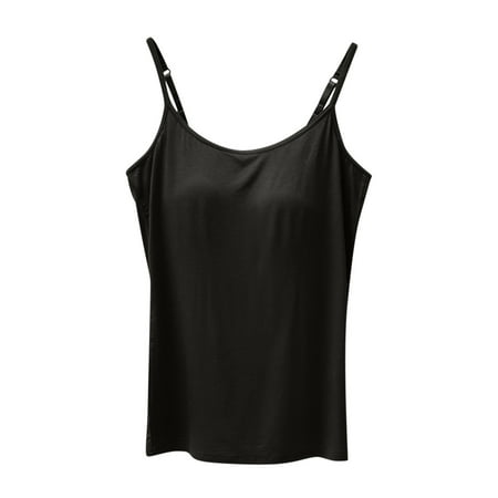Cami Tops with Built in Bra Woman Modal Built-in Bra Padded Camisole Yoga Tanks Adjustable Spaghetti Strap Vest (Small  Black)