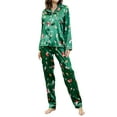 thumbnail image 2 of Women Christmas 2Pcs Pajamas Satin Gingerbread Man/Santa Print Long Sleeve Shirt and Loose Pants Sleepwear Pj Loungewear, 2 of 9