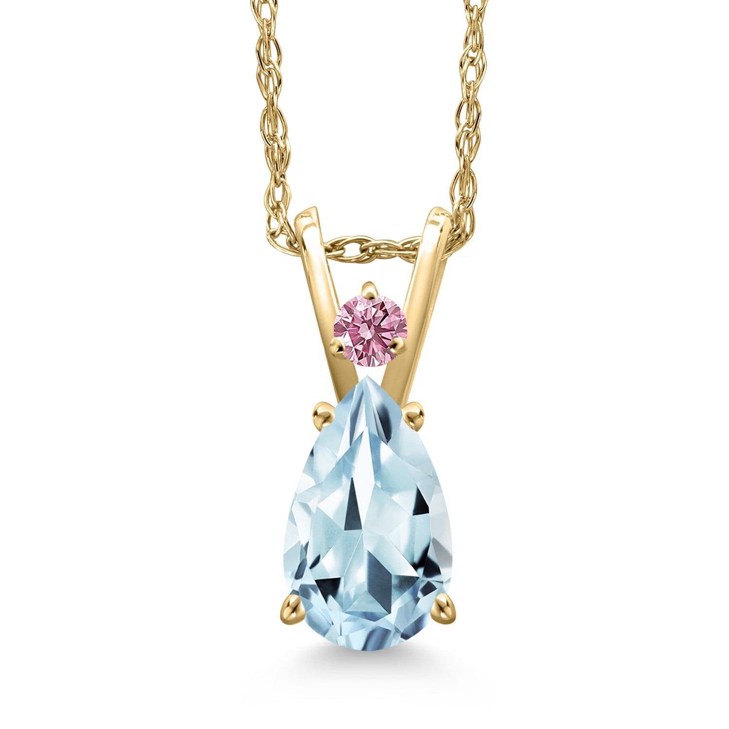 Gem Stone King 14K Yellow Gold Sky Blue Aquamarine and Pink Lab Grown Diamond Pendant Necklace for Women | 0.78 Cttw | Gemstone March Birthstone | Pear Shape 8X5MM | With 18 inch Chain