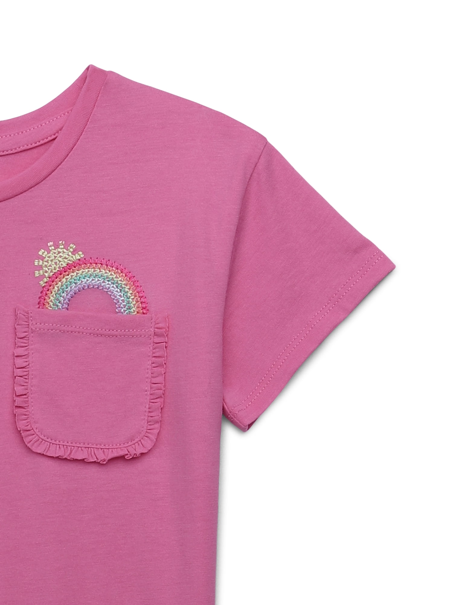 365 Kids by Garanimals Girls Rainbow Embroidered Pocket Tee with Short Sleeves, Sizes 4-10