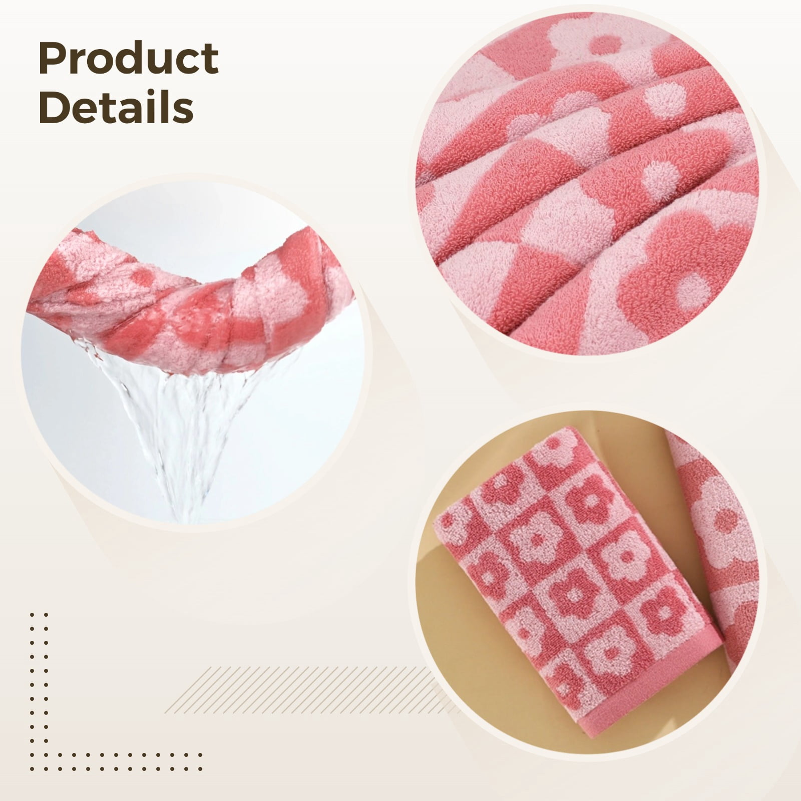 Floral Hand Towels for Bathroom, Vintage Checkered Pink Set, 4 Pieces, Absorbent Cotton, Elegant Design, Ideal for Quick Drying, Includes Vacuum Storage Bag
