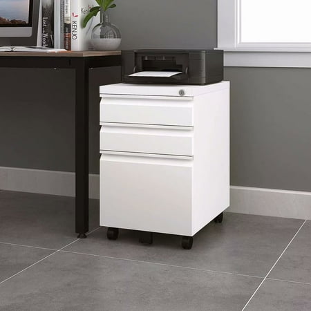Small File Set TREXM 3 Drawer File Cabinet Mobile Metal Lockable File Cabinet Under Desk Fully Assembled Except for 5 Castors, White ()