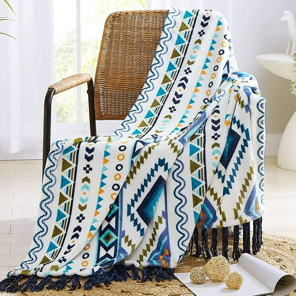 lkijhrd Boho Throw Blanket - Green and Beige Aztec Throw Blankets with Tassel for All Season Printed Flannel Fleece Bohemian Throw Blanket Cover for Couch Bed Sofa Chair (50 * 60 Inche
