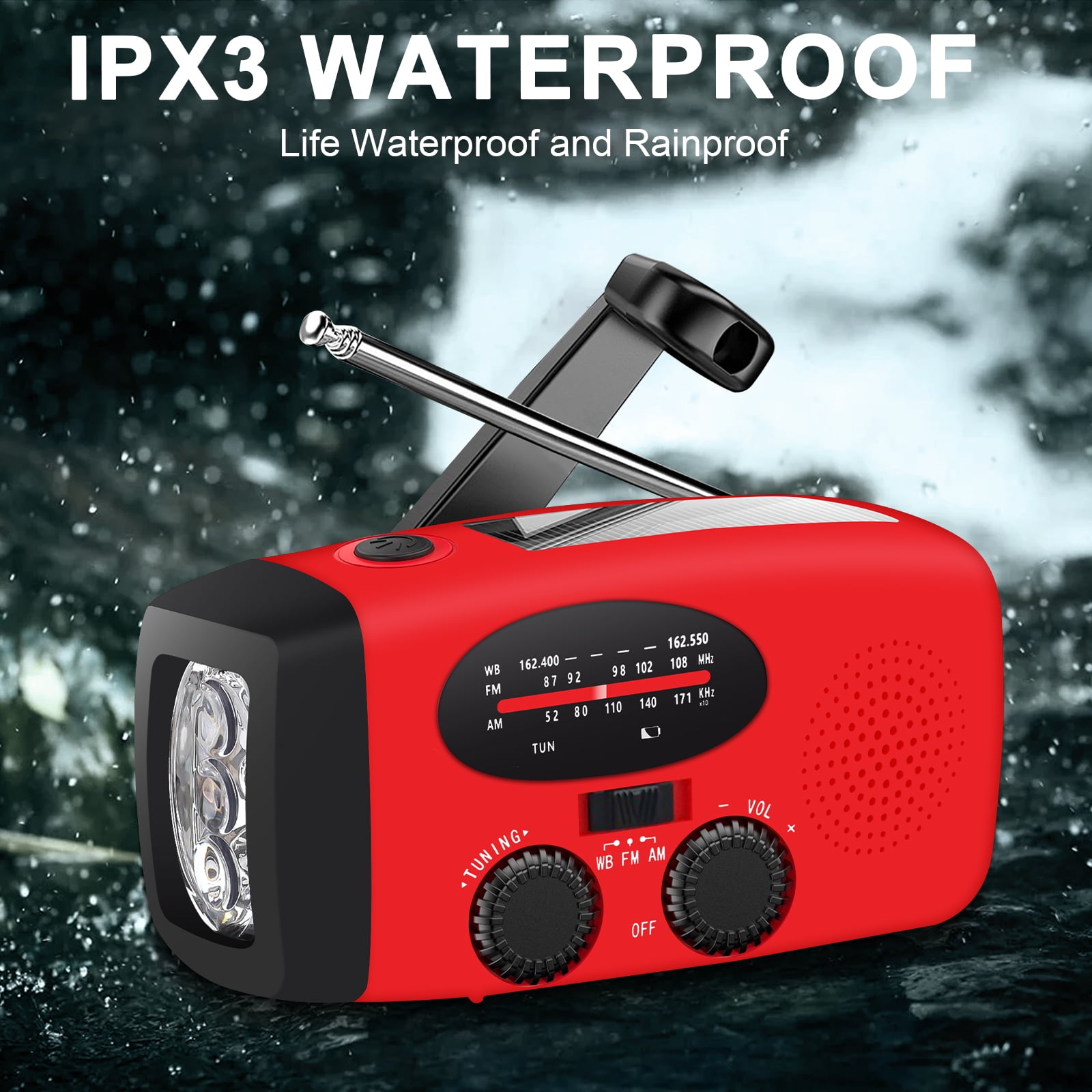 TSV Emergency Radio, Solar Hand Crank Self-Powered Weather Radio with 2000mAh Rechargeable Battery, Bright LED Flashlight, for Household Emergency, Outdoor Survival