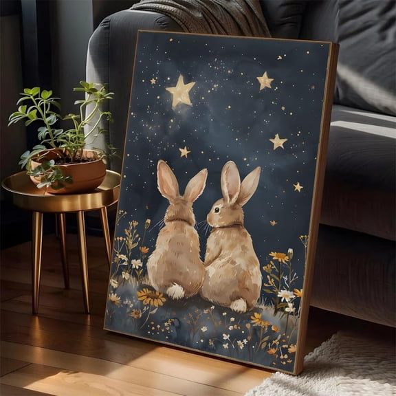 Starry Night Bunny Art Whimsical Nursery Decor Home Decor, 8x12 UNFRAMED