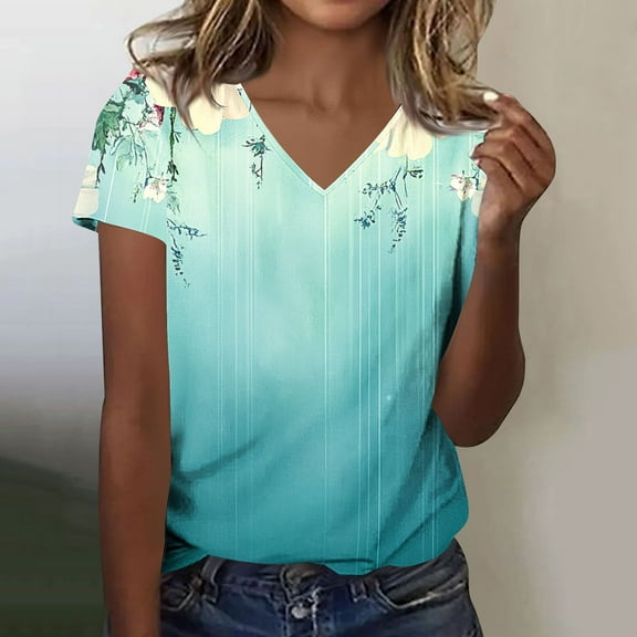 QUNYINEY Short Sleeve Summer Shirts for Women Floral V Neck Casual Tops Loose Pullover Shirts