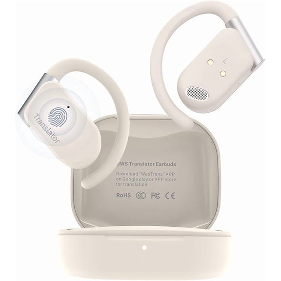 ANFIER M9 Language Translator Earbuds Open-Ear Headphones Support 144 Languages & Accents Translation Earbuds Real Time Translator Device, Snug Fit, Ergonomic Ear Hooks Beige (with Offline Package)
