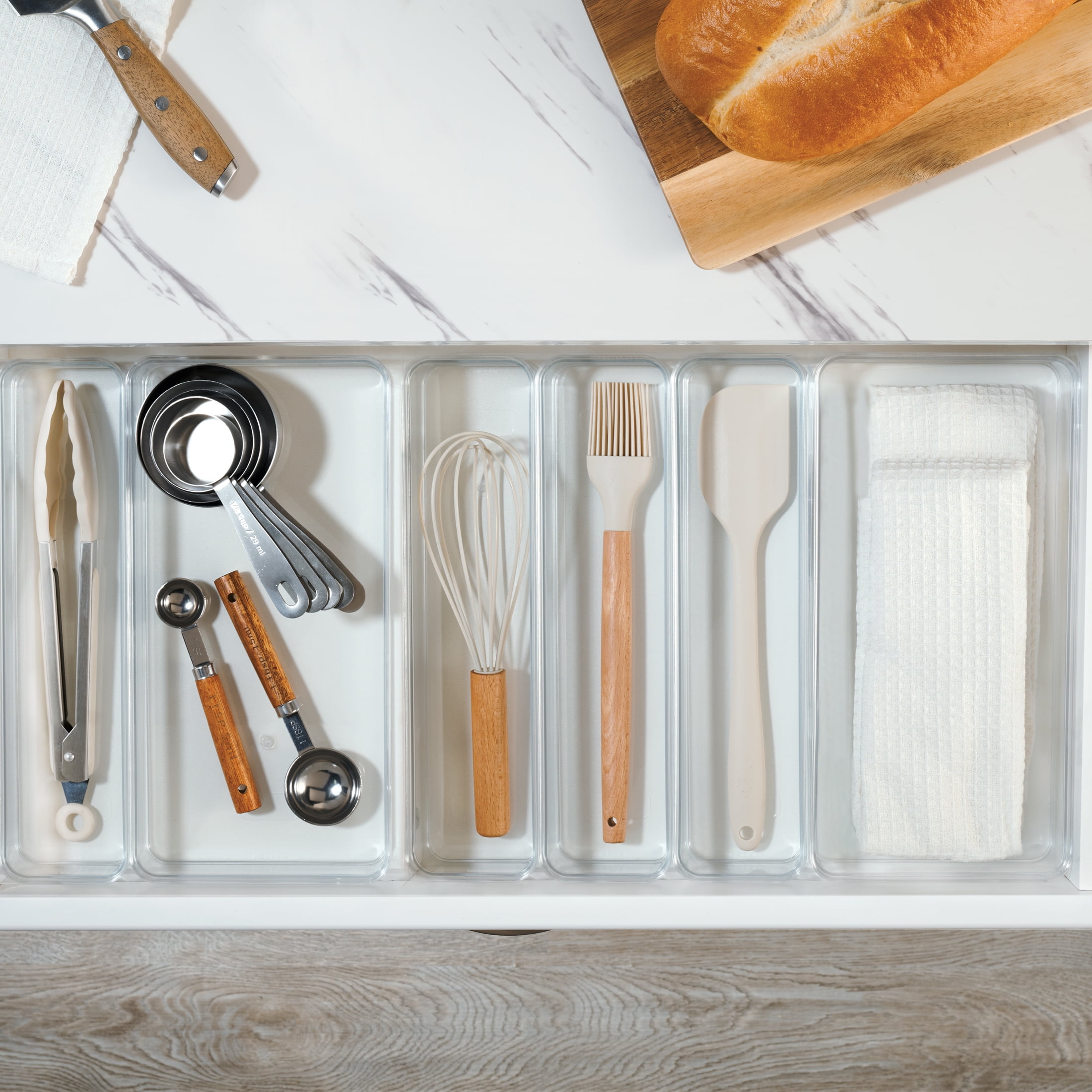 Mainstays 6-Piece Clear Plastic Drawer Storage Organizer Set, Kitchen, Desk and Bathroom Drawer Organizer Bins for Home Organization