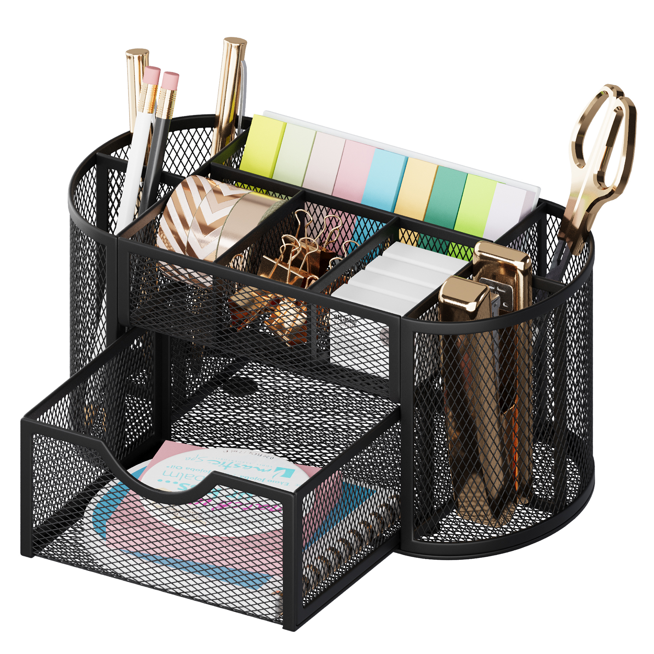 GARITIN Desk Organizer, Pen Holder with Drawers Pencil Holder for Desk Mesh Office Supply Organizer and Storage, Black