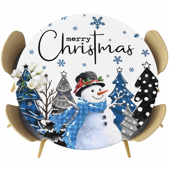 Navy Blue Black Christmas Table Cloth, Round Fitted Tablecloths with Elastic Edge, Xmas Snowman Tree Grey Wipeable Waterproof Table Cover for Kitchen Wedding 36-44 Inches
