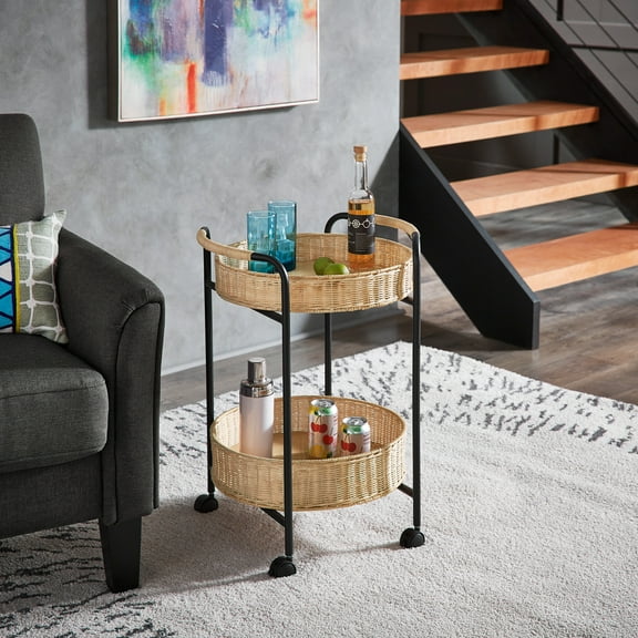 Weston Home Rovinj 18" H 2-Tier Rattan Baskets Serving Cart with Black Metal Frame on Wheels