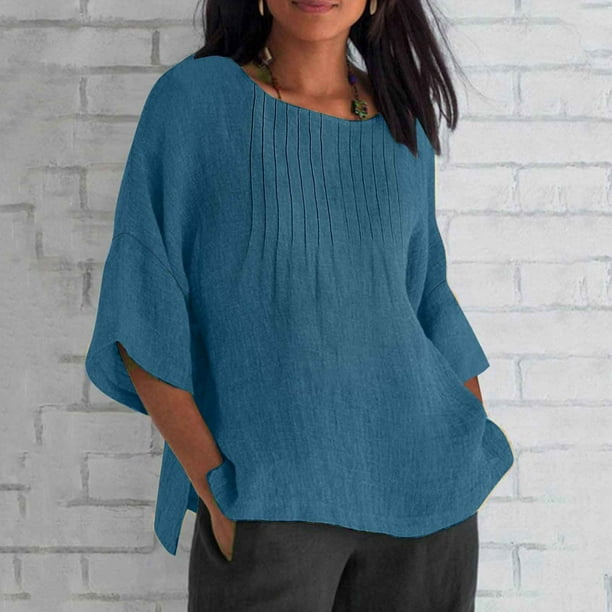 mfyjkho Tops Casuales Para Mujer, Blusa Holgada De Verano Para Mujer, Con Mangas 3/4, Plisada Y Cuello Redondo, De Imitación De Lino Tops Para Salir Para Mujer Xxxxxl