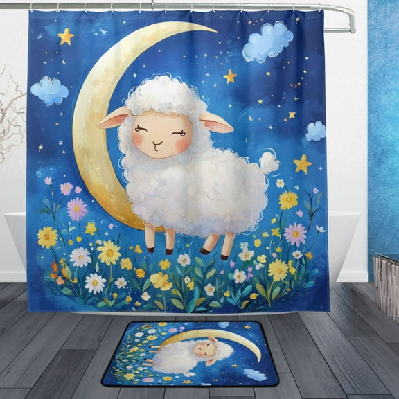 BZSMCE Shower Curtain and Bath Accessory Set,Sheep on A Crescent Moon Pattern