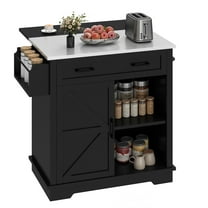 ModFusion 42" Modern Rolling Kitchen Island Cart with Stainless Steel Top, Power Outlet, Adjustable Shelves