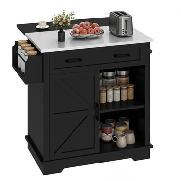 ModFusion 42" Modern Rolling Kitchen Island Cart with Stainless Steel Top, Power Outlet, Adjustable Shelves