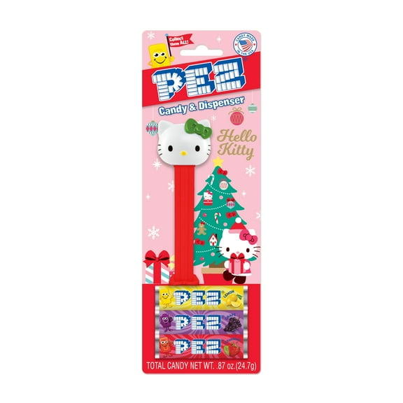 PEZ Christmas Hello Kitty Green Bow Blister,1 Candy Dispenser Plus 3 Rolls Assorted Candy, 1 Count, 0.87 oz