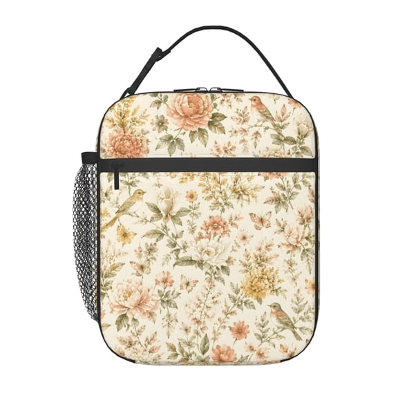 Vintage Floral Bird Lunch Bag Reusable Thermal Lunch Box with Handle for Women and Men