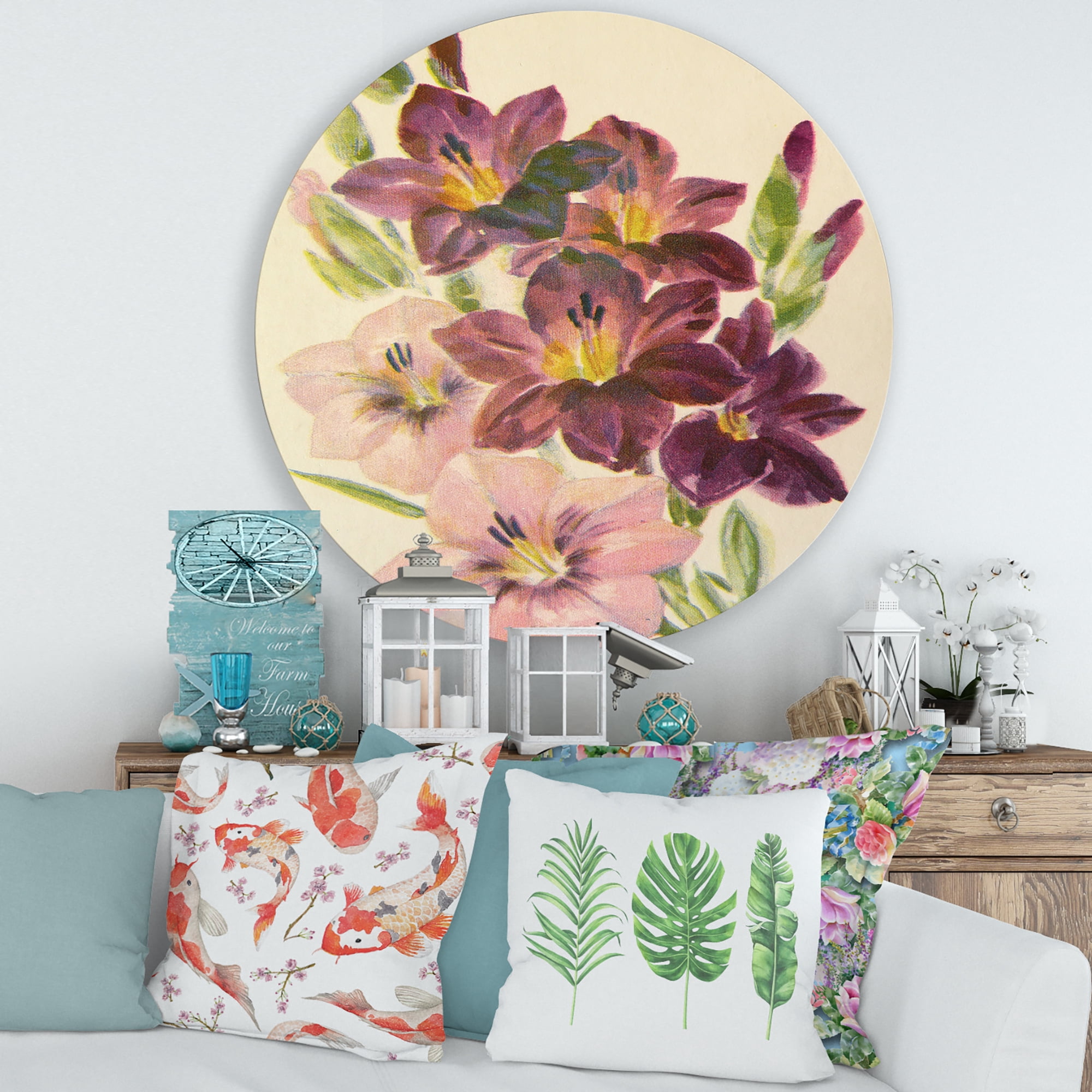 Designart 'Retro Dark and Light Pink Gladiolus' Traditional Circle Metal Wall Art 29x29 - Disc of 29