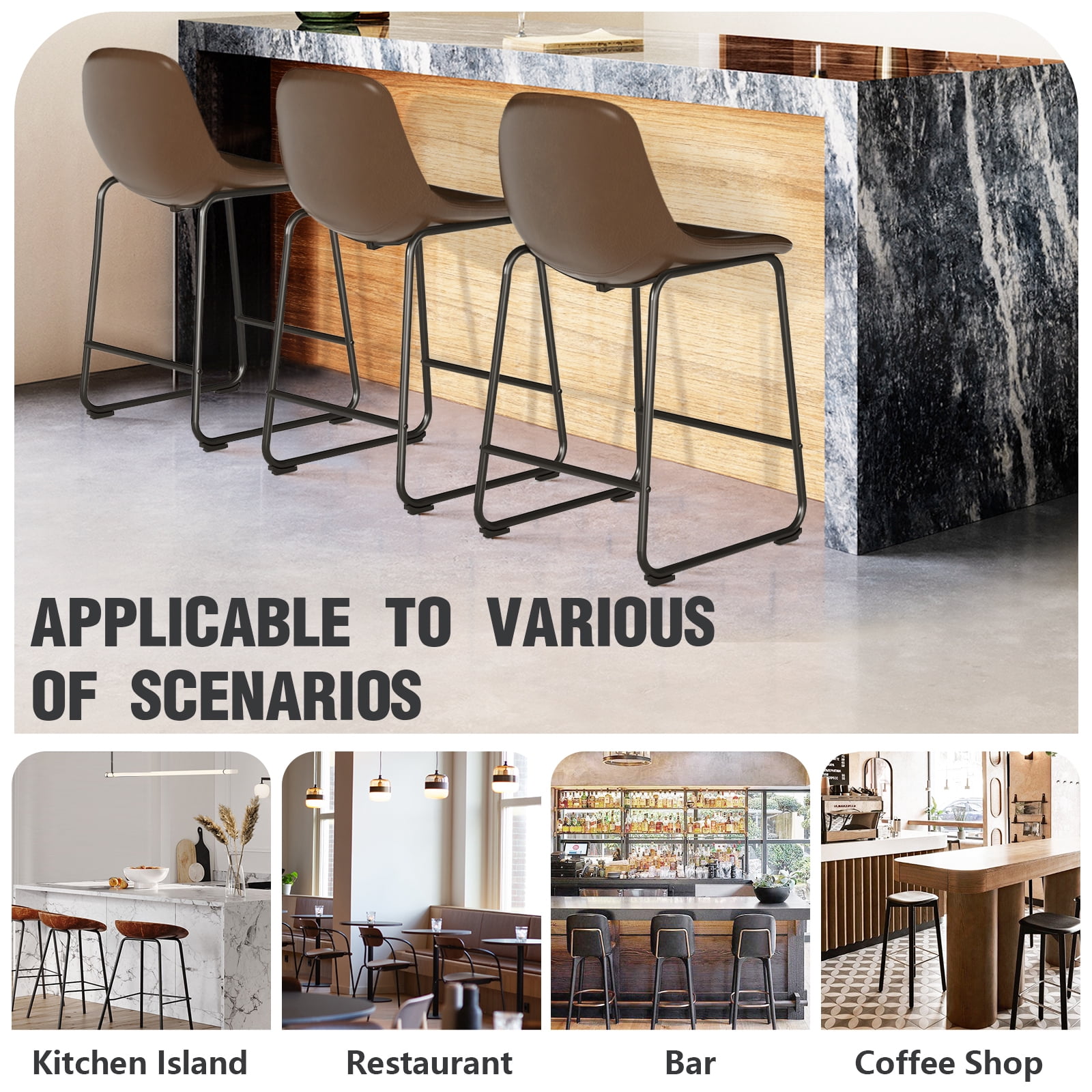 RTVR Counter Height Bar Stools Set of 3, Dining Chairs for Home Kitchen Island, Support 500 lbs,Counter Stool with Back, Modern Faux Leather Barstools with Metal Legs and Footrest,Brown