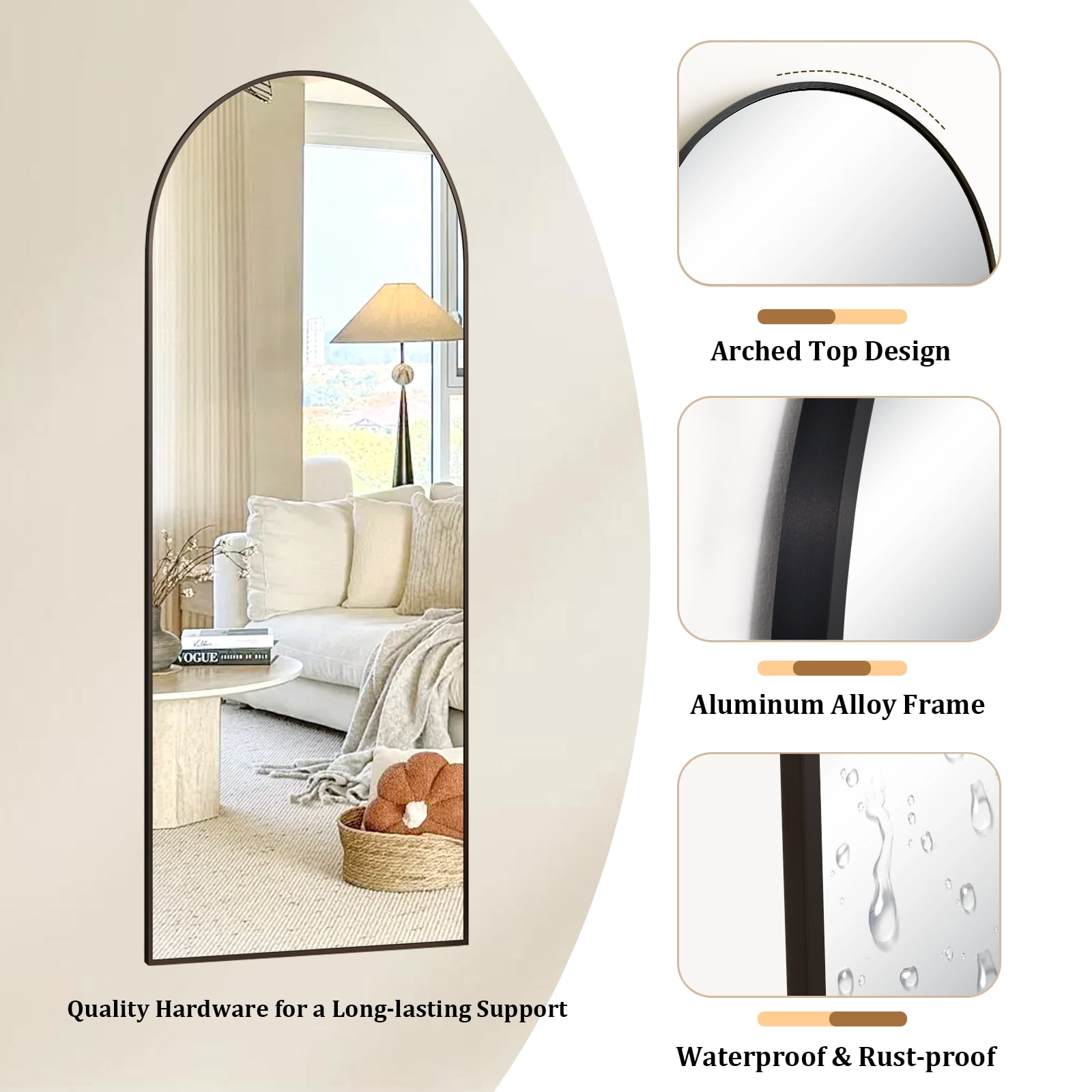 AUROMIR 59"x16" Arched Full Length Mirror Floor Mirror Full Body Standing Mirror, Black