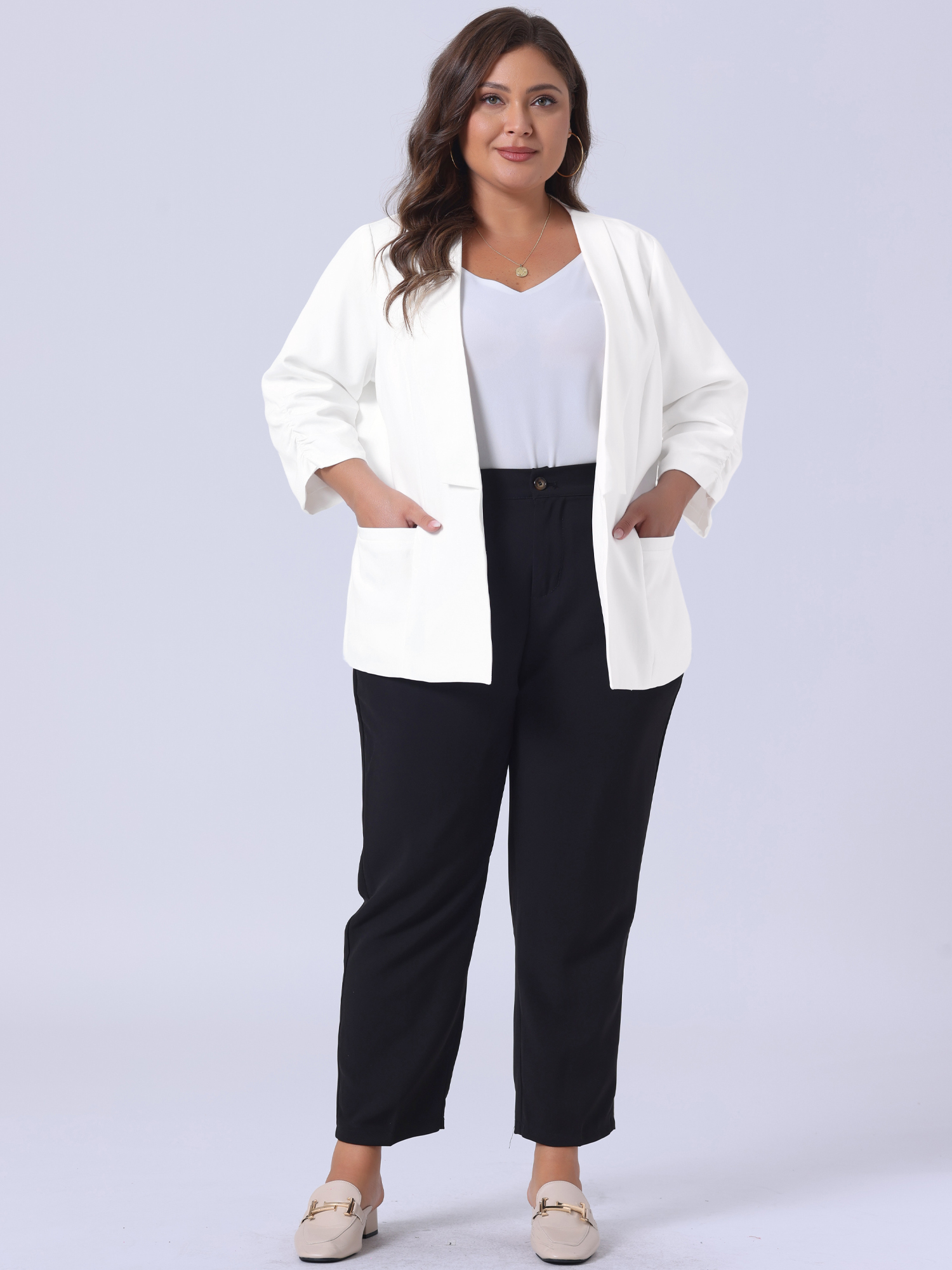 DARING DIVA Women's Plus Shawl Collar 3/4 Ruched Sleeve Blazers White 2X