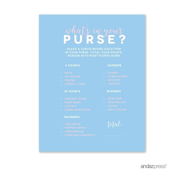 Signature Pink and Blue Gender Reveal Baby Shower, What's in Your Purse Game Activity Cards, 20-Pack