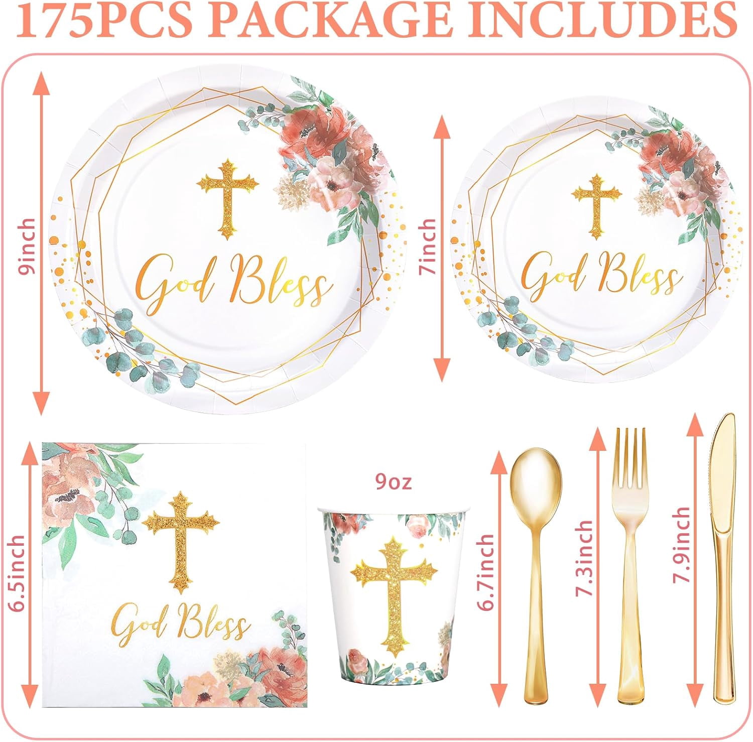 175 PCS Baptism Plates and Napkins Party Supplies - Baptism Decorations for Girls - God Bless Disposable Paper Plates First Communion Plate for Christening Baby Shower Party Decorations