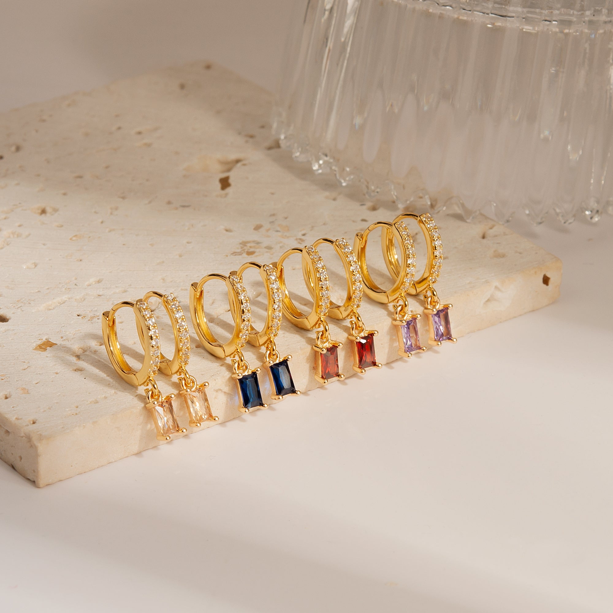 Anavia Small Gold Dainty Birthstone Drop Earrings for Women Girls with Rectangular Baguette Crystal for Wedding Birthday Everyday Wear