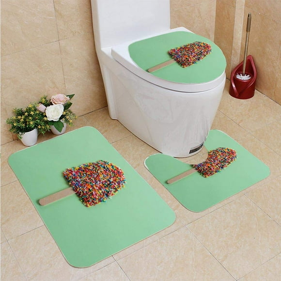 EREHome Rainbow Sprinkled Popsicle 3 Piece Bathroom Rugs Set Bath Rug Contour Mat and Toilet Lid Cover