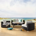 thumbnail image 2 of Contemporary Modern Urban Designer Outdoor Patio Balcony Garden Furniture Lounge Sofa, Chair and Coffee Table Fire Pit Set, Fabric Rattan Wicker, White, 2 of 8