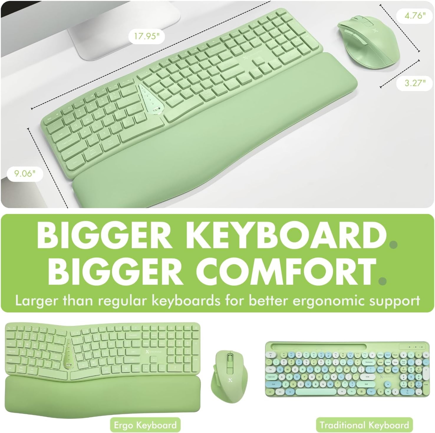 X9 Green Ergonomic Keyboard Mouse Wireless Combo - Type Comfortably Longer - 2.4G/Bluetooth Split Keyboard, Multi-Device, Soft Wrist Rest, Rechargeable, Silent Ergo Keys - Laptop, PC, Mac,iOS,Android