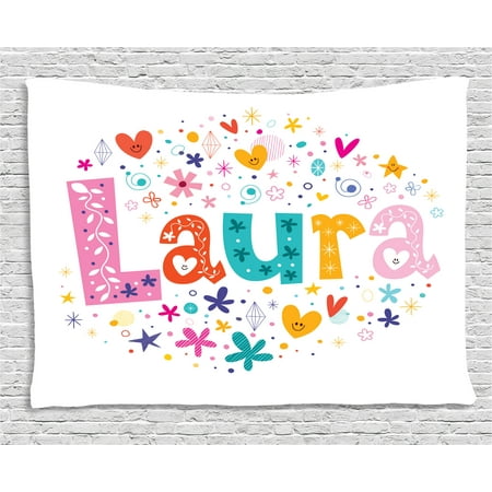Laura Tapestry, Baby Girl Name with Vintage Doodle Style Flowers and Stars Colorful Illustration, Wall Hanging for Bedroom Living Room Dorm Decor, 60W X 40L Inches, Multicolor, by