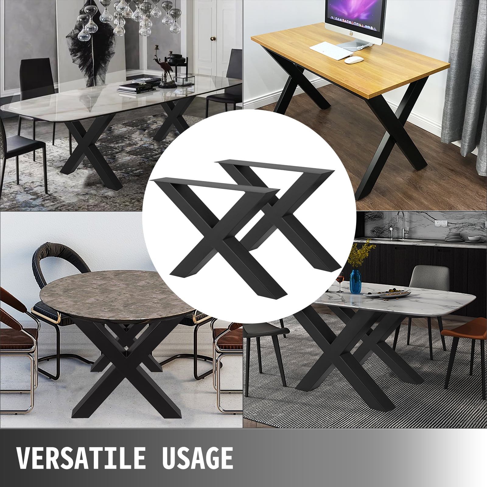 VEVOR Set of 2 Steel Table Legs, 28"Height 30"Wide Dining Table Legs, Heavy Duty 3.1" Square Box Section X Frame Table Legs,28x30x3.1 inch Black Color Industrial Country Style Metal Dining Legs